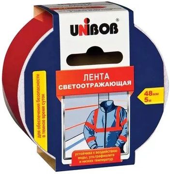 Лента клейкая светоотражающая Unibob, 50 мм х 5 м, красно-белая купить в СОМ