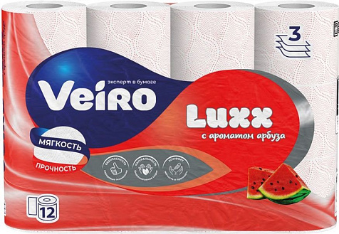 Бумага туалетная Veiro Luxx Aroma Арбуз 3сл 12шт белая купить в СОМ