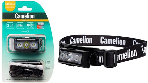 Фонарь налобный аккумуляторный Camelion LED53403 акк.3.7V LED2W+крас-син миг, 2W, 5реж, Type-C, черн купить в СОМ