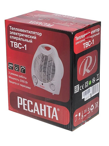 Тепловентилятор ТВС-1 РЕСАНТА, 2000 Вт, спиральный нагревательный элемент купить в СОМ
