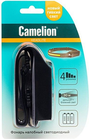 Фонарь налобный Camelion LED5383 COB+LED 3W,170lm,6K, 4 реж,3XAAA,черный купить в СОМ