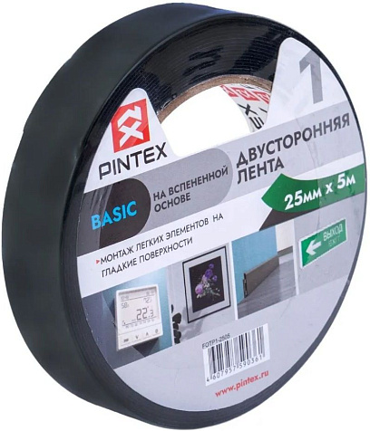 Лента клейкая Pintex двухсторонняя, вспененная основа, 25 мм х 5 м, черный купить в СОМ