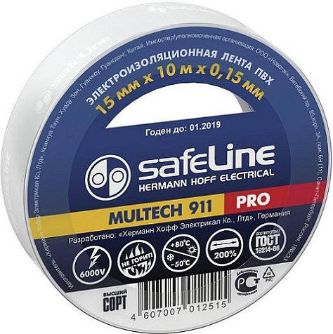 Изолента ПВХ SafeLine, 15 мм х 10 м, белая купить в СОМ