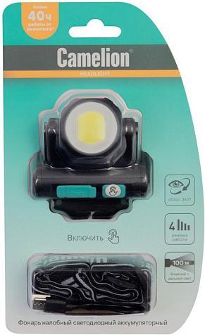 Фонарь налобный аккумуляторный Camelion LED53402 акк.3.7V 3W COB+LED 3.5W 4реж, Type-C, черн купить в СОМ