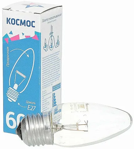 Лампа накаливания КОСМОС 60 Вт, Е27, свеча прозрачная купить в СОМ
